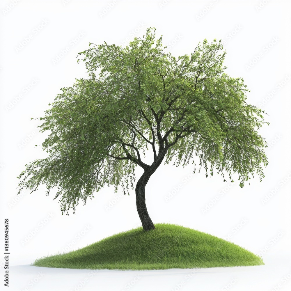 Lush Green Tree on Serene Hill with Vibrant Foliage and Bright Grass Under Clear Blue Sky in Minimalistic Style Lush Green Tree on Serene Hill with Vibrant Foliage and Bright Grass Under Clear Blue Sky in Minimalistic Style