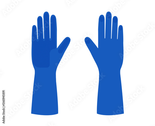 Blue rubber cleaning protective Gloves Fashion hand accessory clothing technical illustration. Dish wash Vector front back view for Men, women, unisex flat cartoon style isolated on white background