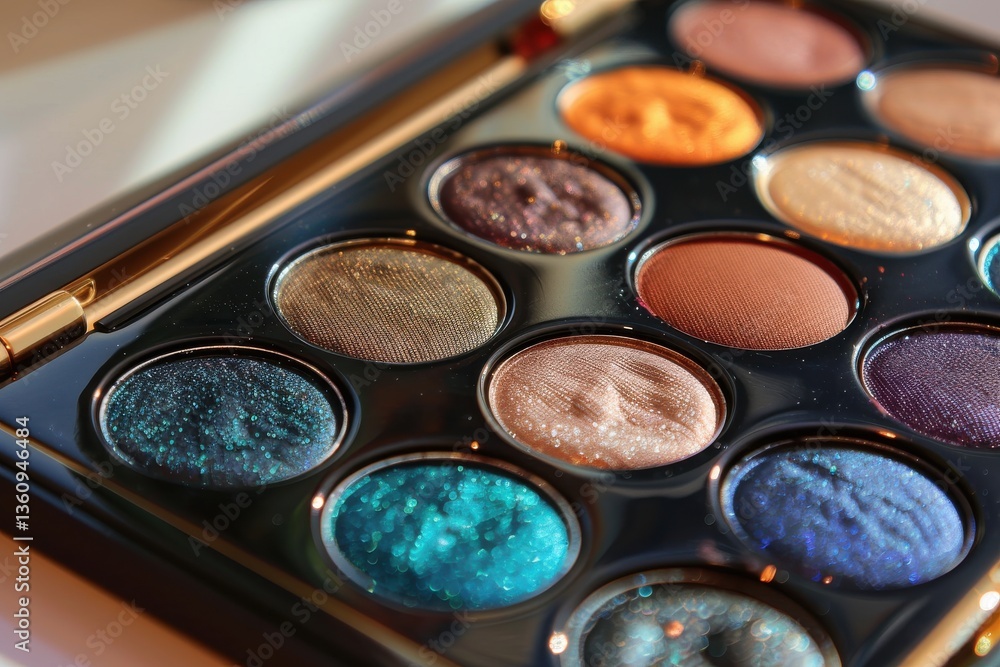 Naklejka premium A vibrant eyeshadow palette showcasing twelve rich shades arranged in an elegant display