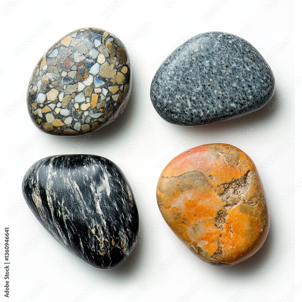 Four Colorful Pebbles with Unique Shapes and Textures on White Background Four Colorful Pebbles with Unique Shapes and Textures on White Background