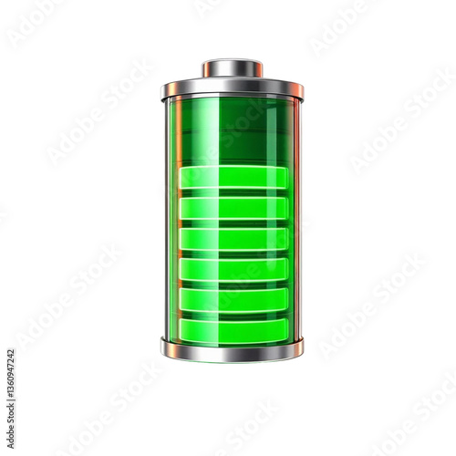 A vibrant green energy battery, fully charged and glowing, representing powerful sustained energy with a sleek metallic casing and a bright, clean background.