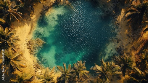 Aerial view of a tropical lagoon framed by palm trees and sandy beaches