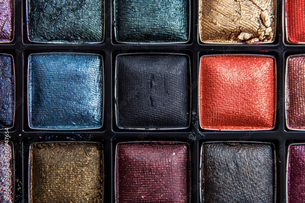 Fototapeta premium Close-up of various colorful eyeshadows in a makeup palette displayed on a black surface