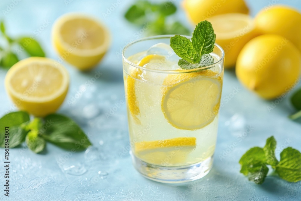 Fototapeta premium Refreshing Lemonade with Mint: A Summery Citrus Drink Close-Up
