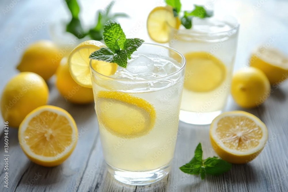 Refreshing Lemonade with Ice, Mint, and Lemon Slices on a Wooden Table Refreshing Lemonade with Ice, Mint, and Lemon Slices on a Wooden Table