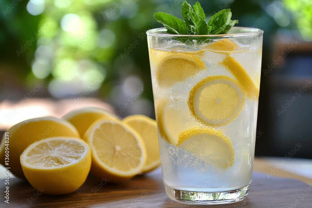 Fototapeta premium Refreshing Citrus Beverage: Lemon Slices, Sparkling Water, and Fresh Mint on a Wooden Surface, Bathed in Natural Light