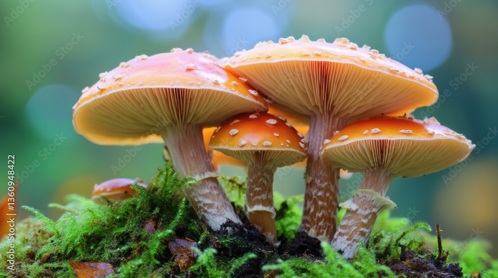 Amanita mushrooms growing together in a lush green moss forest, with orange caps speckled with white spots in a natural setting Amanita mushrooms growing together in a lush green moss forest, with orange caps speckled with white spots in a natural setting