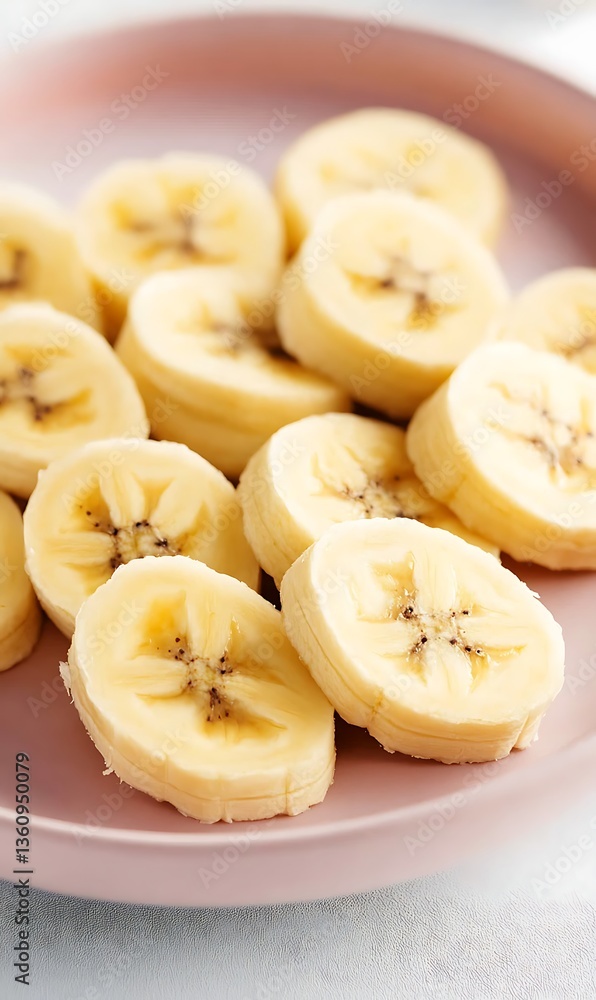 Sliced banana on plate, flat lay, food prep. Diet concept, simple studio shot, bright background Sliced banana on plate, flat lay, food prep. Diet concept, simple studio shot, bright background
