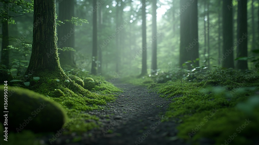 Obraz premium Misty forest path with moss covered trees and ground.