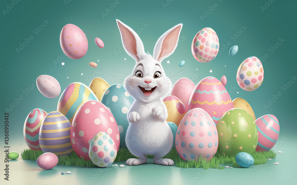 Obraz premium A vibrant festive Easter Holiday featuring a joyful white rabbit surrounded by colorful Easter eggs in shades of pink blue green and yellow. Set against a teal gradient background with floating eggs