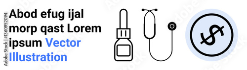 Dropper, stethoscope, and dollar sign symbolizing medical tools and financial aspects. Ideal for healthcare, medicine, cost analysis, pharmacy, treatments, financial planning simple landing page