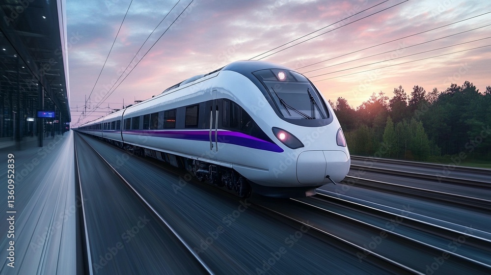 Naklejka premium Modern high-speed train departing station at sunset.