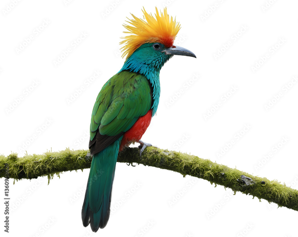 Obraz premium Vibrant Quetzal Bird Resting Gracefully on a Mossy Branch, A Captivating Glimpse into Exotic Wildlife and Natural Serenity with Colorful Feathers and Delicate Details