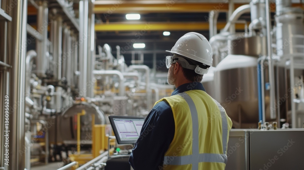 Industrial worker in hard hat and safety vest uses laptop to monitor complex machinery in a large factory. Industrial worker in hard hat and safety vest uses laptop to monitor complex machinery in a large factory.