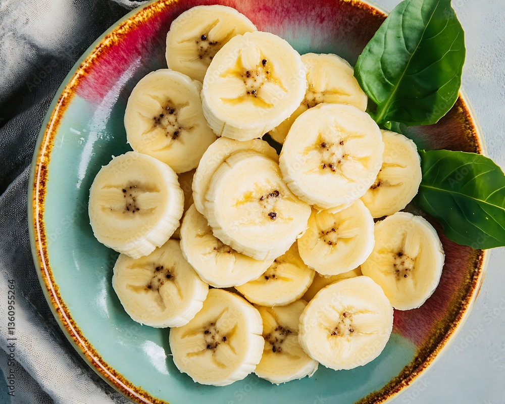Sliced bananas on plate, food prep. Basil, linen texture adds depth, possibly recipe or health article use Sliced bananas on plate, food prep. Basil, linen texture adds depth, possibly recipe or health article use
