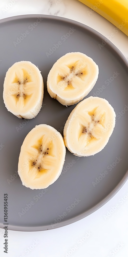 Sliced bananas on plate. Whole fruit out of focus. Illustrative healthy food advert Sliced bananas on plate. Whole fruit out of focus. Illustrative healthy food advert