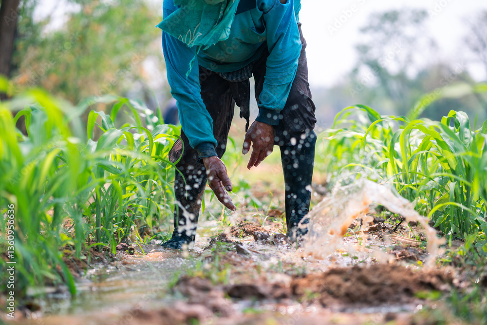 Naklejka premium Irrigating crops agricultural field rural environment low angle sustainable farming practices