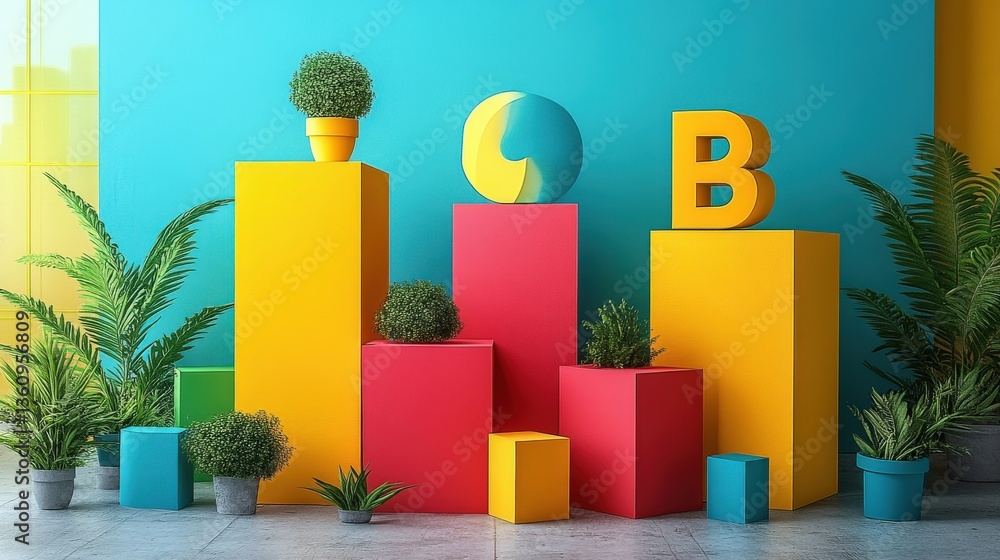 Fototapeta premium Colorful Geometric Display with Plants and Decorative Elements