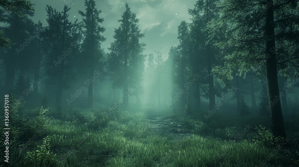 Fototapeta premium Mysterious foggy forest path at night.