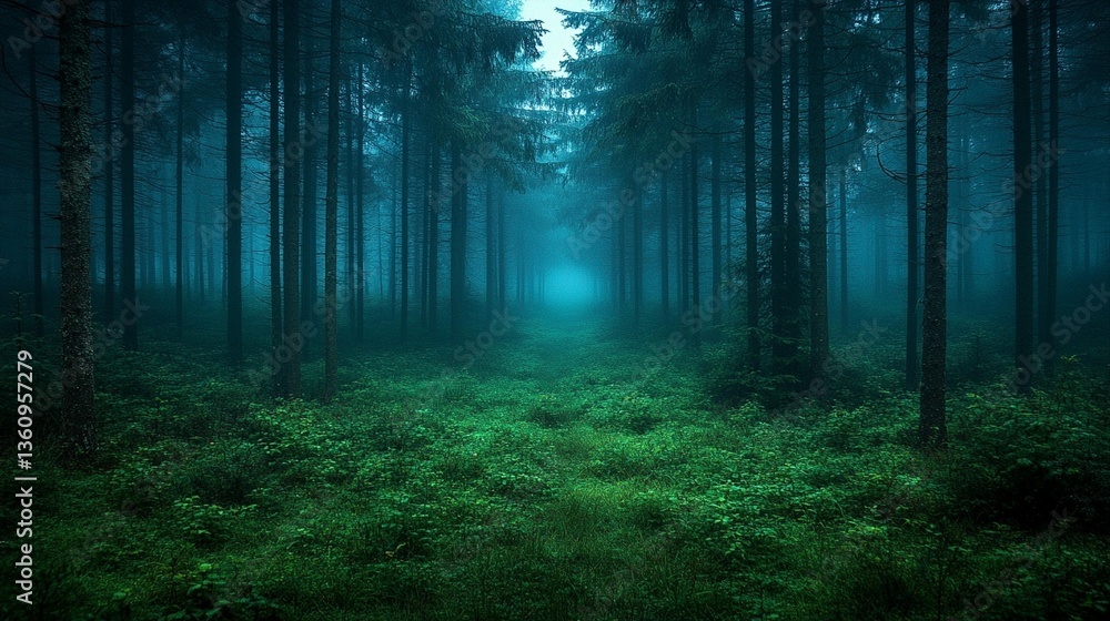 Obraz premium Mystical foggy forest path with lush green undergrowth, tall dark trees creating a tunnel-like effect.