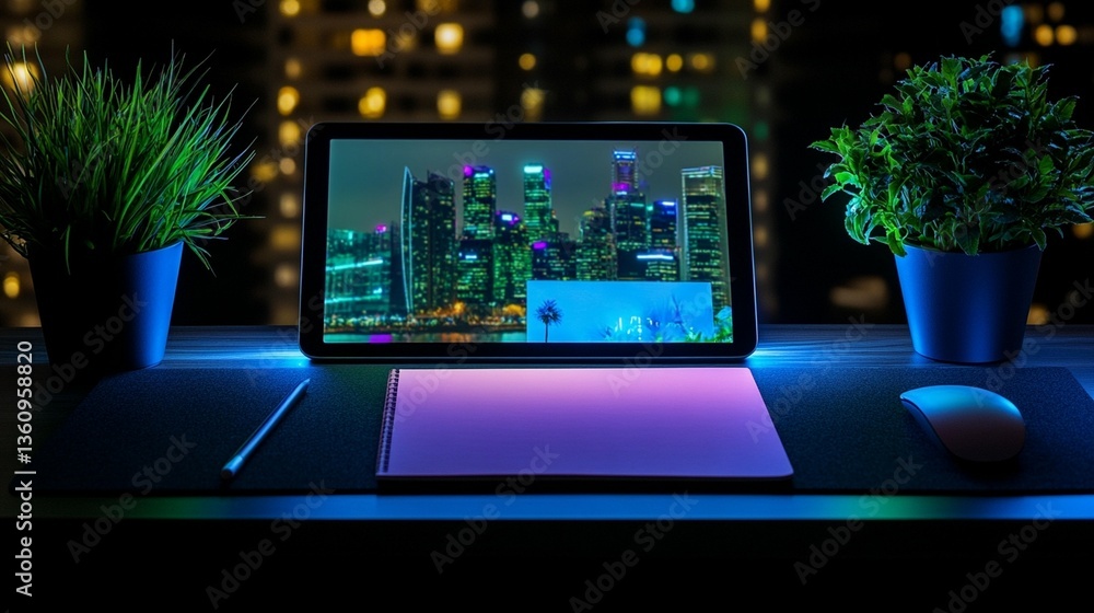 Night cityscape view on tablet screen, desk with plants, mouse, stylus, notebook. Night cityscape view on tablet screen, desk with plants, mouse, stylus, notebook.