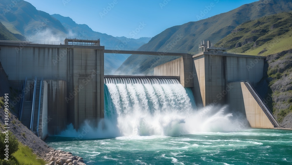 Massive Hydroelectric Dam with Powerful Water Flow in a Mountain Landscape created with generative ai Massive Hydroelectric Dam with Powerful Water Flow in a Mountain Landscape created with generative ai