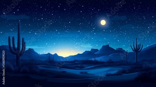 Night desert landscape with cacti, mountains, and starry sky.
