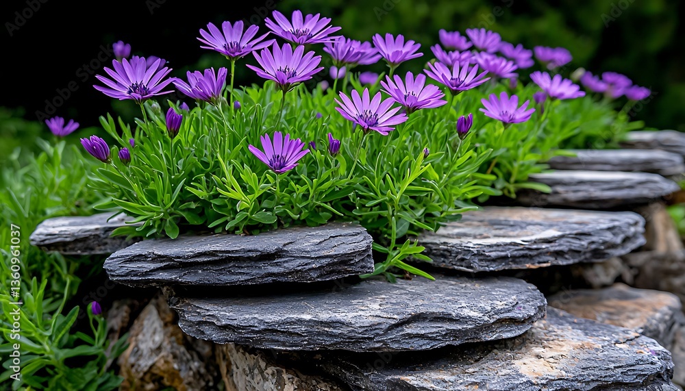 Fototapeta premium Purple Flowers on Stone Steps
