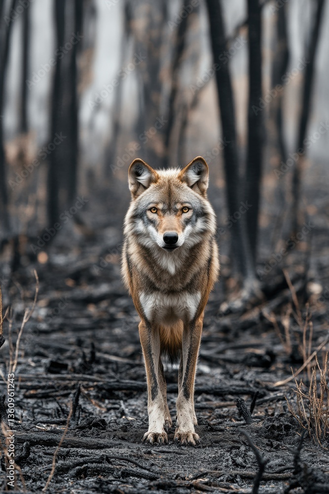 Fototapeta premium Animal stand in burnt forest. Sad and moody. The aftermath of wild fire devastation.