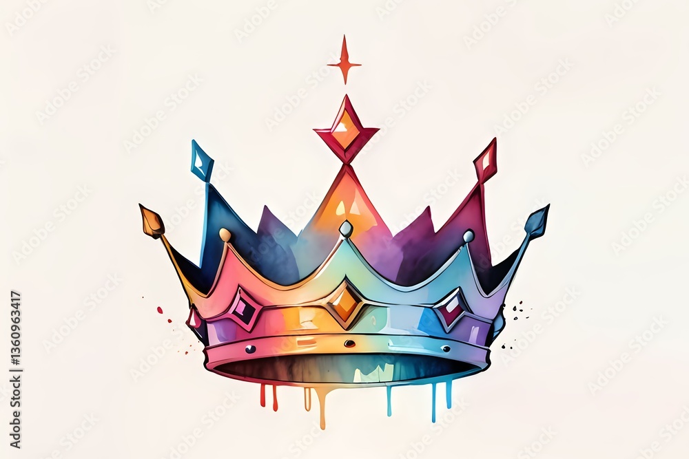 Fototapeta premium Watercolor rainbow crown with dripping paint effect and jewel decorations on light background, artistic royal symbol for creative design projects.