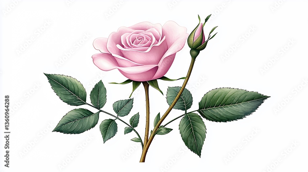 Obraz premium Pink Rose with Bud and Green Leaves on White Background