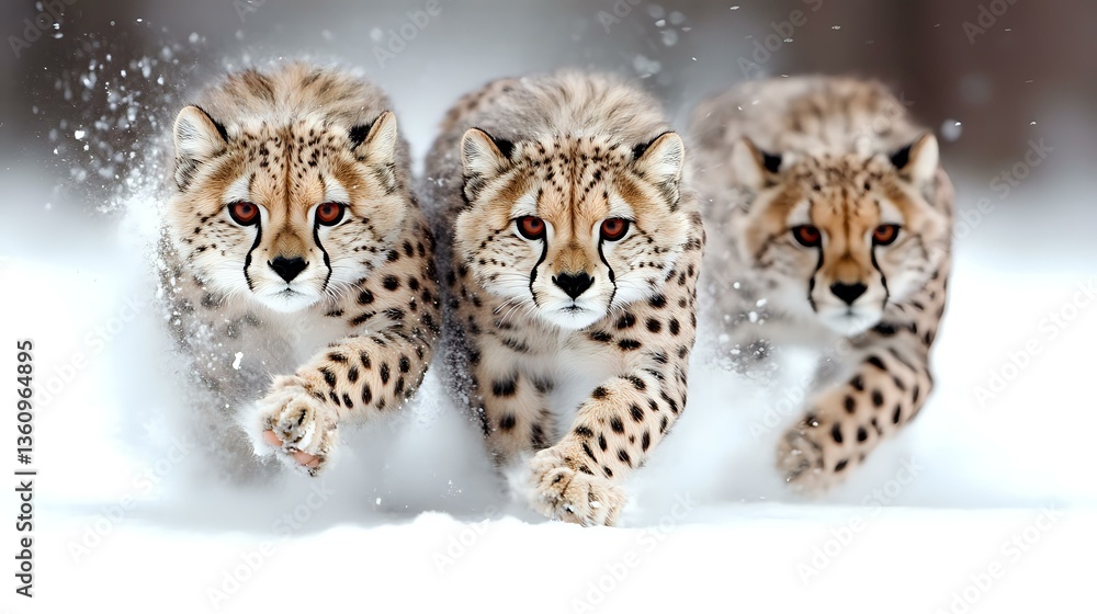 Fototapeta premium Three majestic cheetahs running through snow, front view action shot showing spotted coat patterns and determined expressions against white winter background.