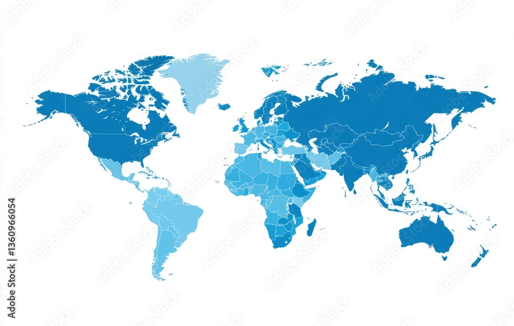 Fototapeta premium World Map in Blue Tones Showing Countries and Global Geography