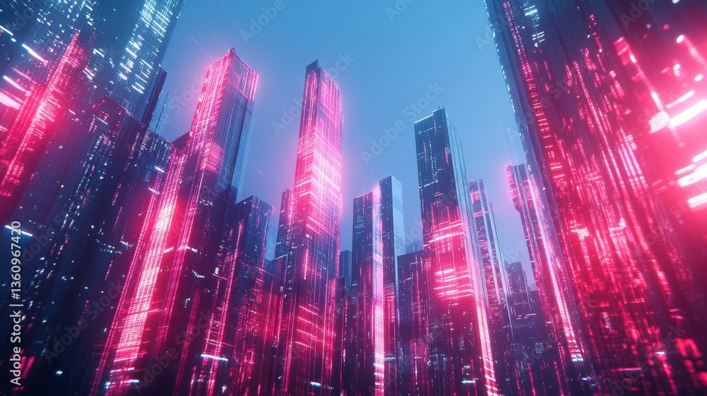 Futuristic city skyline at night with vibrant pink and blue neon lights illuminating skyscrapers. Futuristic city skyline at night with vibrant pink and blue neon lights illuminating skyscrapers.