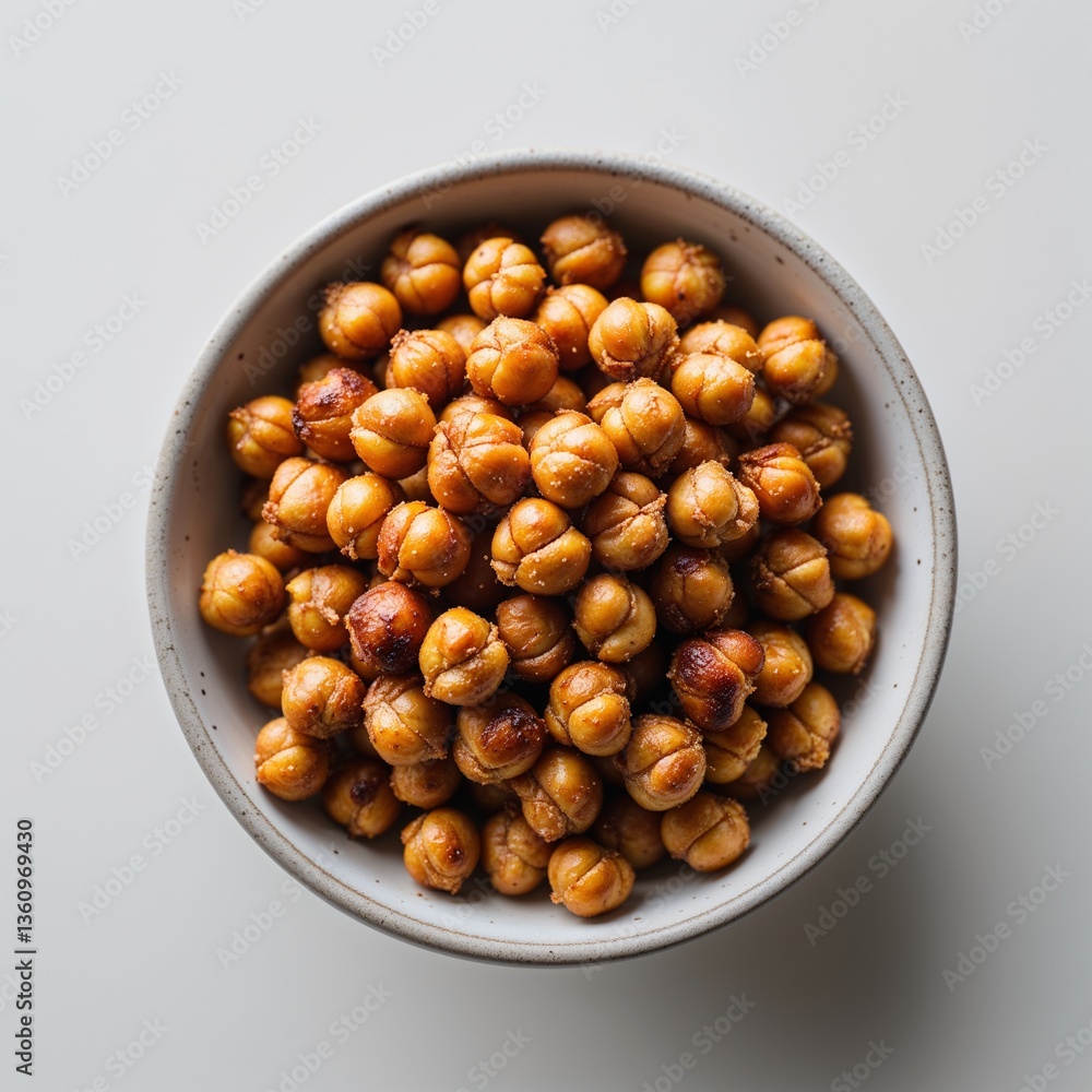 Fototapeta premium Roasted chickpeas on plain white background clean simple and minimalist focus top view