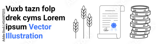 Contract paper with seal, wheat stalks, and coin stack. Ideal for agriculture, economy, finance, trade, agreements, farming systems simple landing page