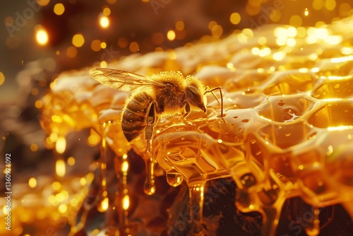 Mesmerizing macro shot of Giant Honeybee Apis dorsata clinging edge of dripping honeycomb delicate wing shimmer golden light while thick amber honey glisten slowly drip down background creating rich photo