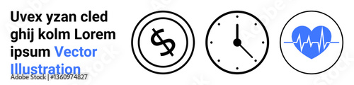 Dollar in a circle, analog clock, and heart with heartbeat symbol. Ideal for finance, time management, healthcare, productivity, business well-being charity themes. Abstract line flat metaphor