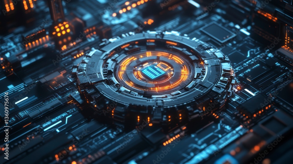 Futuristic digital circuit board with glowing central processor. Futuristic digital circuit board with glowing central processor.