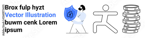 Secure shield with lock, walking figure, and coin stacks. Ideal for security, finance, savings, protection, fitness investment business. Perfect for a simple landing page