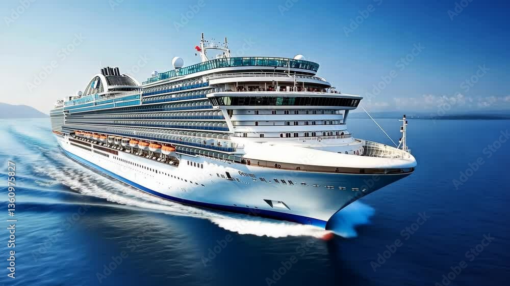 Large cruise ship sailing across calm blue waters under a clear sky in the afternoon