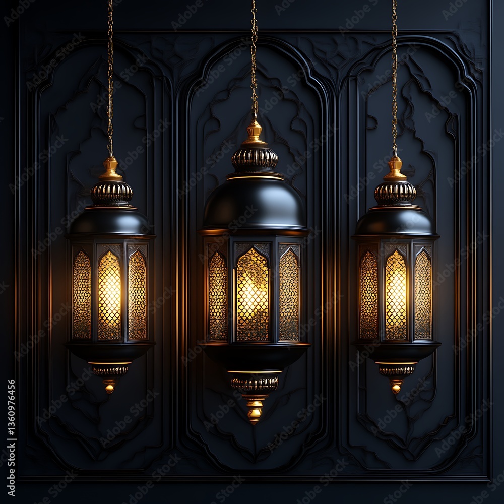 Obraz premium Illuminated Ramadan lanterns, ornate backdrop, festive greeting