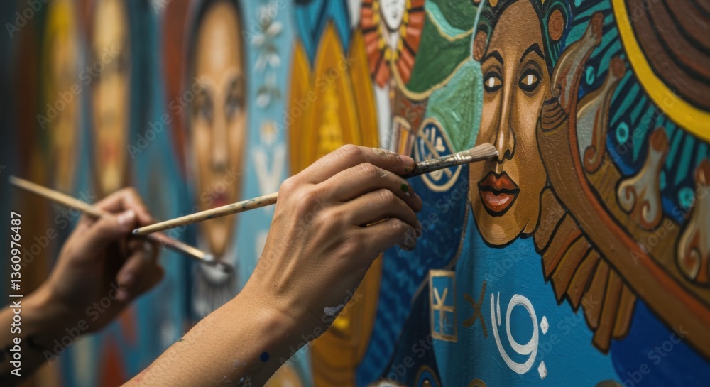Fototapeta premium Close-Up of an Artist Painting a Mural
