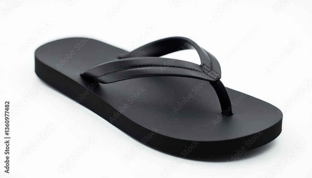 Single black flip-flop on white background, close-up view, product, beach, close-up Single black flip-flop on white background, close-up view, product, beach, close-up