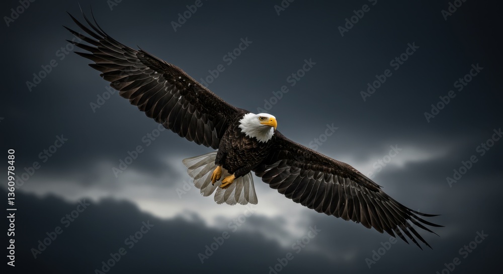 Obraz premium Eagle with Flag in Stormy Sky