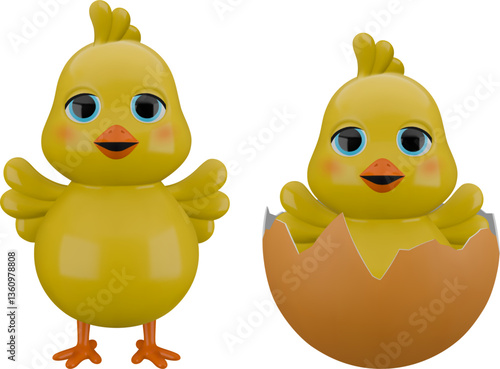 isolated 3d chicks. yellow chick in hatched egg. easter chicks
