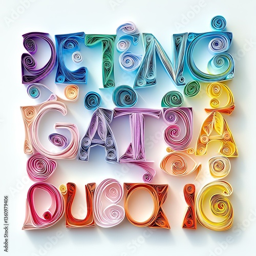 Colorful paper quilling art with letters design.