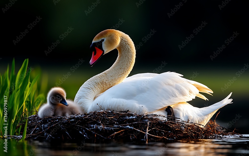 Fototapeta premium Swan and Cygnet Nest Dawn