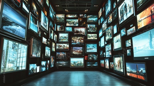 A dark room filled with many displayed digital screens