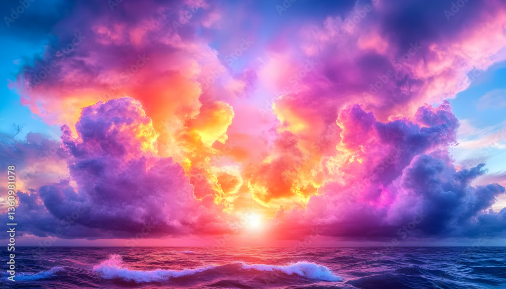 Obraz premium Vibrant sunset over ocean, colorful cloudscape
